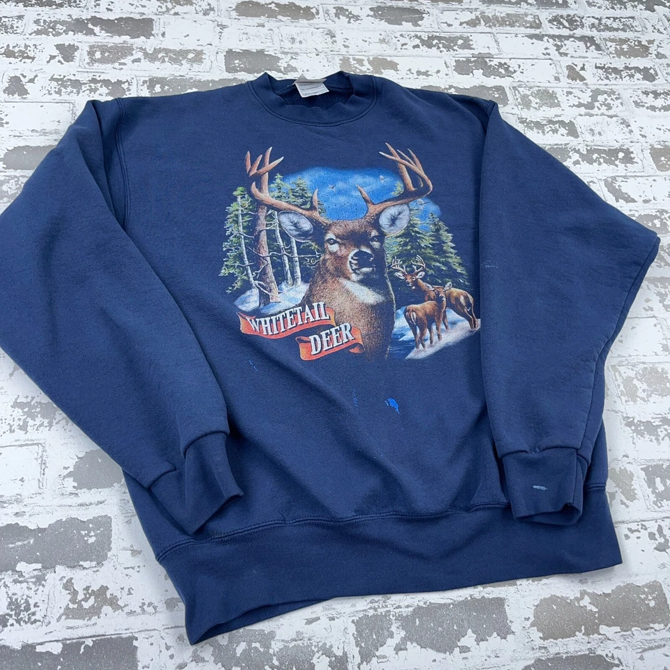 Sudadera Vintage Naturaleza Hombres XL Cuello Redondo Suéter Años 90 Y2K Ciervos Caza Desteñida Foto 3 de 4