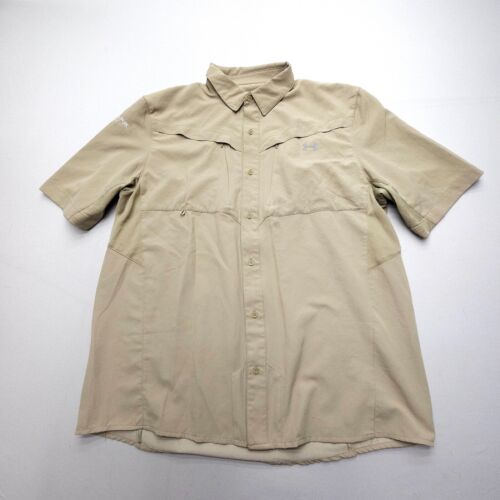 Under Armour Loose Fit Heat Gear Button Shirt Mens XL Tan Hiking Fishing Vented