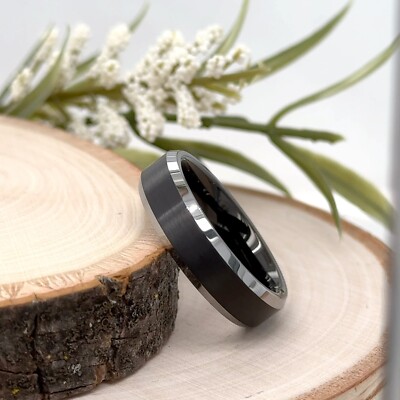 6mm Black Tungsten Engagement Ring Brushed Finish with Silver Beveled Edges Band