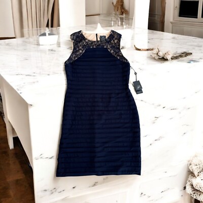 Adrianna Papell NWT Navy Blue Lace Sheath Dress Shutter Pleated Size 12 |  eBay