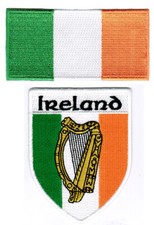 LOT of 2 IRELAND FLAG PATCH IRISH EIRE BANNER HARP SHIELD embroidered iron-on