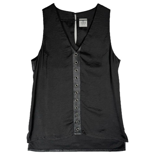SW3 Bespoke Black Vest Tunic Blouse Size Medium V Neck Grommets Sateen Dressy