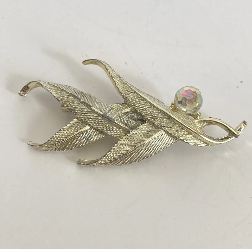 Vintage Whimsical Feather Leaves Iridescent Rainbow Sparkle Crystal Ball Brooch