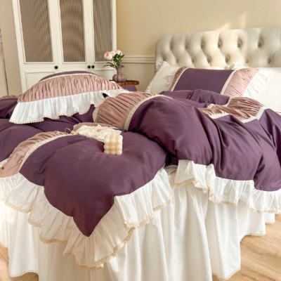  Purple Patchwork Pleat Bedding Set Korean Style Cotton Princess Lace DuvetCover