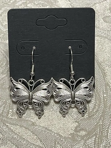 Vintage Retro Butterfly Bohemian Festival Glamour Silver Drop Dangle Earrings