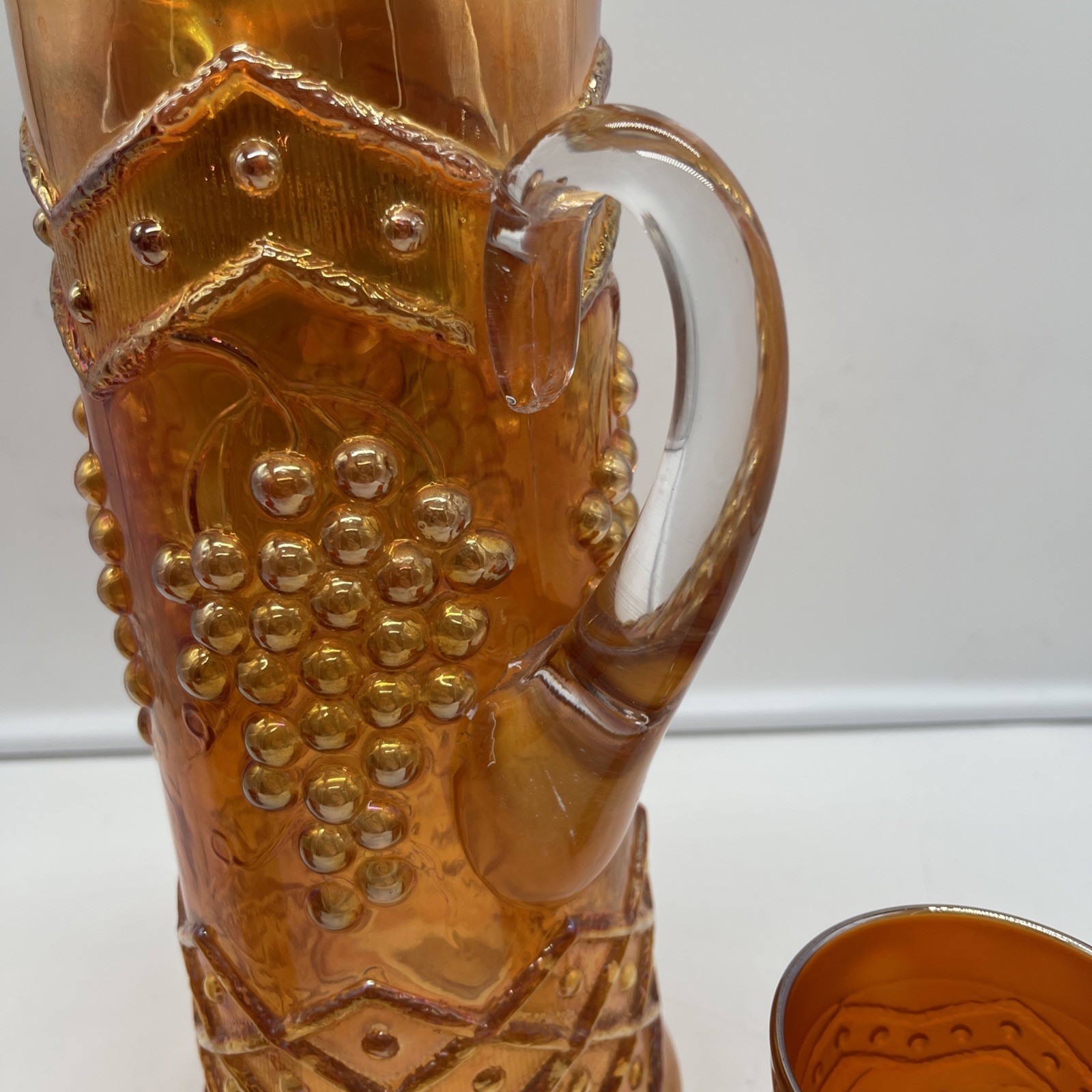 Fenton Marigold Carnival Glass Lattice & Grape Water Set Pitcher & 3 Tumblers