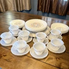 VTG 36pc Mexican Milk Termocrisa Glass Dish Set Peach Blue Floral Flowers Mexico