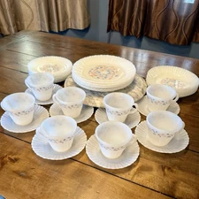 VTG 36pc Mexican Milk Termocrisa Glass Dish Set Peach Blue Floral Flowers Mexico