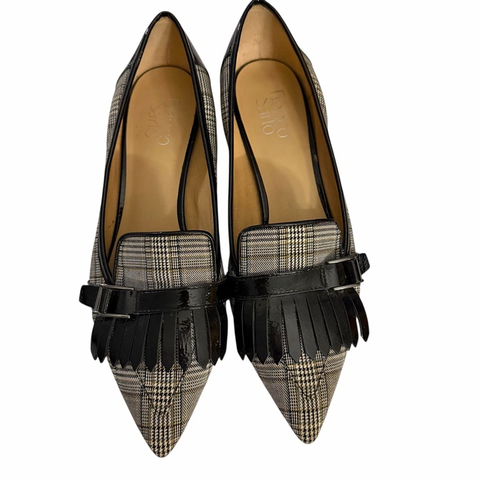 Franco Sarto Grenoble 2 salto bloco couro envernizado tamanho 10 M xadrez franja preta - Imagem 2 de 4