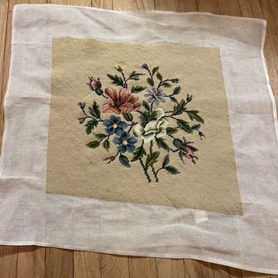 Vintage Reworked Wool Floral Needlepoint Canvas w/Petit Point Approx 17'' Square