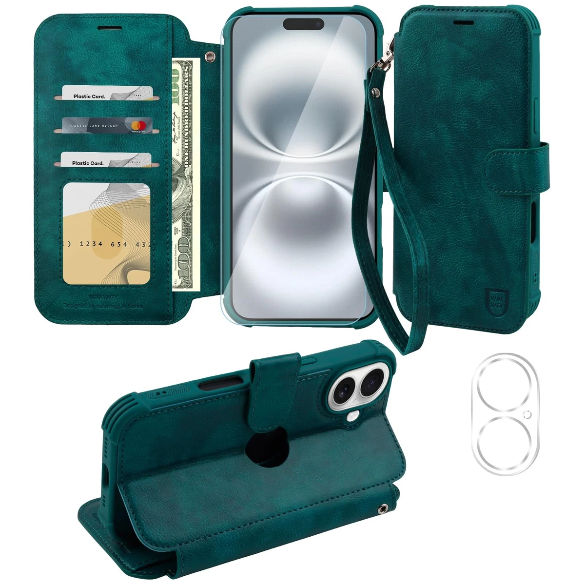 VANAVAGY Compatible for iPhone 16 Wallet Case,Rfid Flip Leather Cover with
