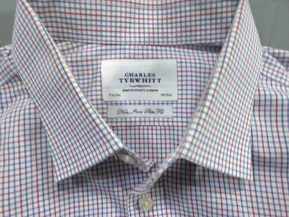 Camisa Charles Tyrwhitt Para Hombres 17.5-36 Azul Rojo Blanco Calce Ajustado Sin Hierro Vestido Cuadros Foto 3 de 4