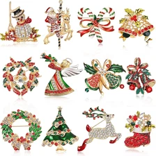 12 Pcs Christmas Brooch Pins Set for Women - Rhinestone Crystal Style-1