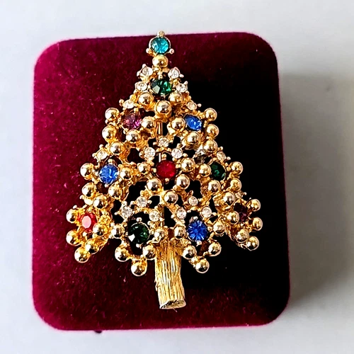 Vintage Eisenberg Gold Tone Glass Rhinestones Christmas Tree Pin Brooch