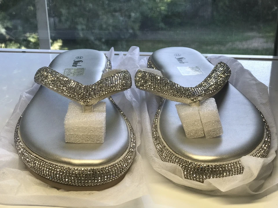 Zapatillas Mujer con Decoraciones de Estrás, Sandalias Planas Mujer Informales para Exterior Foto 3 de 4