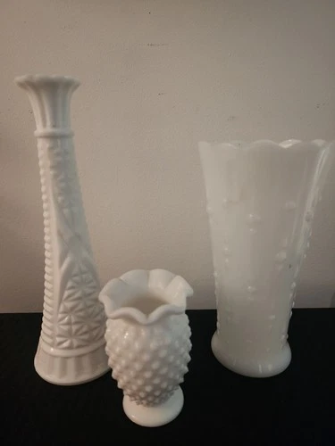 Lot of 3 Vintage White Milk Glass Vases – Mixed Textures and Styles