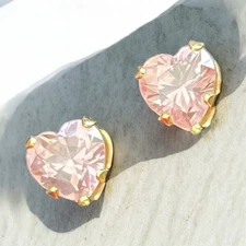 14K Yellow Gold Pink Ice CZ Heart Stud Earrings, Prong Set, Butterfly Backs