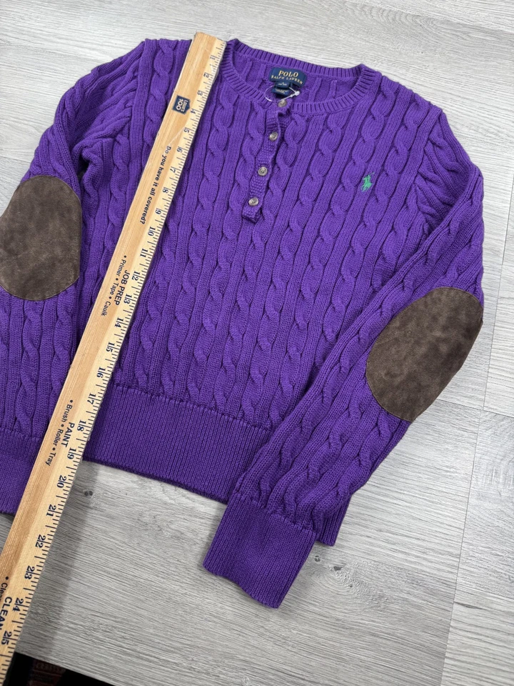 Polo Ralph Lauren Suéter Niñas L Púrpura Cable Tejido Cárdigan Codo Parche Poni Foto 3 de 4