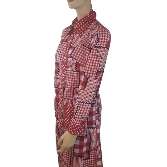 Vtg 70s red gingham plaid patchwork long sleeve h… - image 7