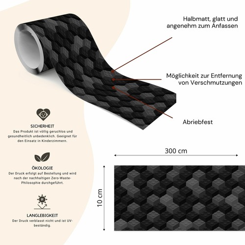 Muralo Selbstklebende Bordüre Tapetenbordüre schwarze und graue BLÖCKE 3D Effekt - Bild 2 von 4