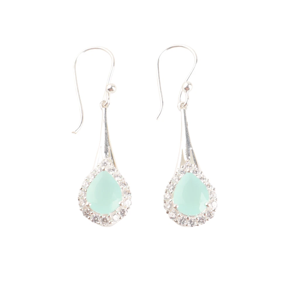 Cubic Zirconia & Aqua Chalcedony Gemstone Dangle 925 Sterling Silver Earrings - Image 3 of 4