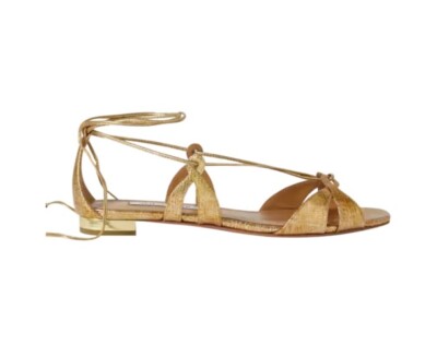 Aquazzura Cala di Volpe Gold Flats 37.5 Metallic Snakeskin Gladiator Sandal $795