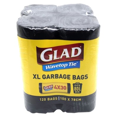 Glad 120 Kitchen Tidy Bag Extra Large Wavetop Tie Garbage Bags XL