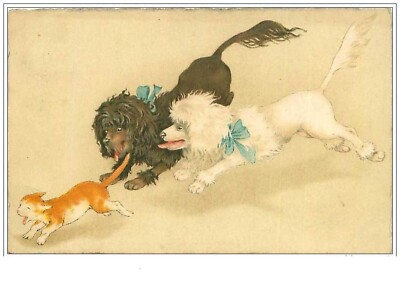CATS. No. 1180. BLACK DOG AND WHITE DOG RUNNING AFTER A CAT
