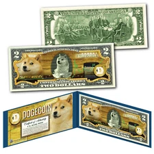 DOGECOIN Cryptocurrency Commemorative Collectors Art Genuine Tender U.S. $2 Bill