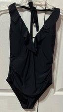 Women  s Black Ruffle Halter One Piece Swimsuit Ruching Tummy Control Size S
