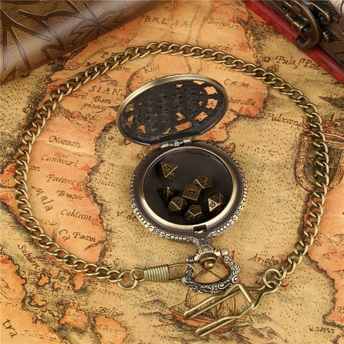 7pcs Mini DND Dice Set with Gear Pocket Watch Shell Polyhedral Metal Dices Gifts - Picture 12 of 14