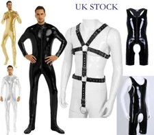 Mens Wetllook Bodysuit Leotard Patent Leather Jumpsuit Catsuit Night Clubwear