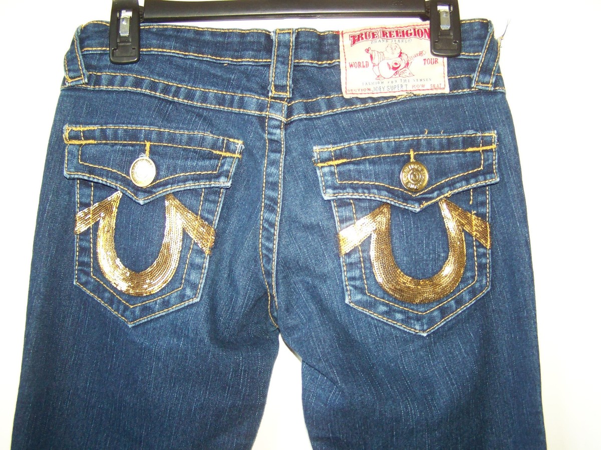 WOMENS TRUE RELIGION JOEY SUPER T GOLD SEQUINS HORSESHOE BOOT CUT 
