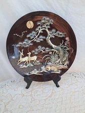 Vtg Asian Lacquered Wood Decorative Plate Abalone Mother Of Pearl Design Deer