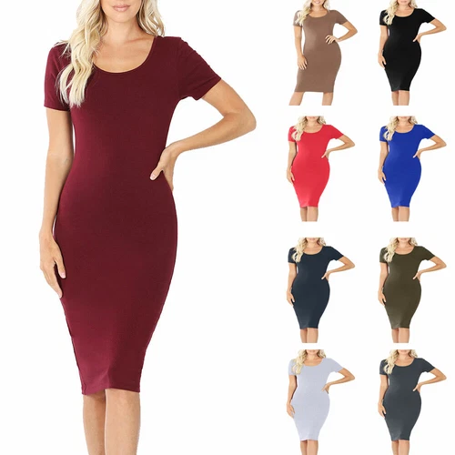 Womens Short Sleeve Cotton Bodycon Fitted Knee Length Midi Dress