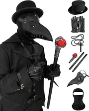 Halloween Plague Doctor Bird Mask Long Nose Beak - 6-in-1 Costume Set - Adult