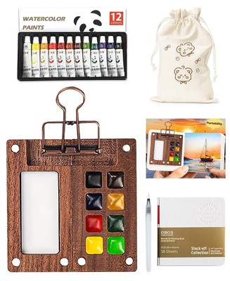 Portable Watercolor Travel Set with Wooden Palette and Clip, 12 Colors