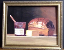 Original Painting Still Life Realism Fresh Baked Bread w/ Jam Jar Framed OOAK