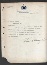 1918 hand signed on Official StationaryEmerson Harrington Governor of Maryland