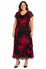 Connected Apparel Black Red Floral Chiffon Overlay Dress XL Beaded Cowl Neck