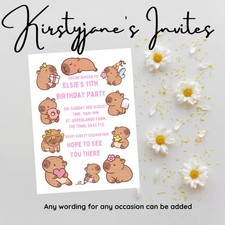 Birthday party invitations invites Personalised Kids Girls Capybara Fairy Pink