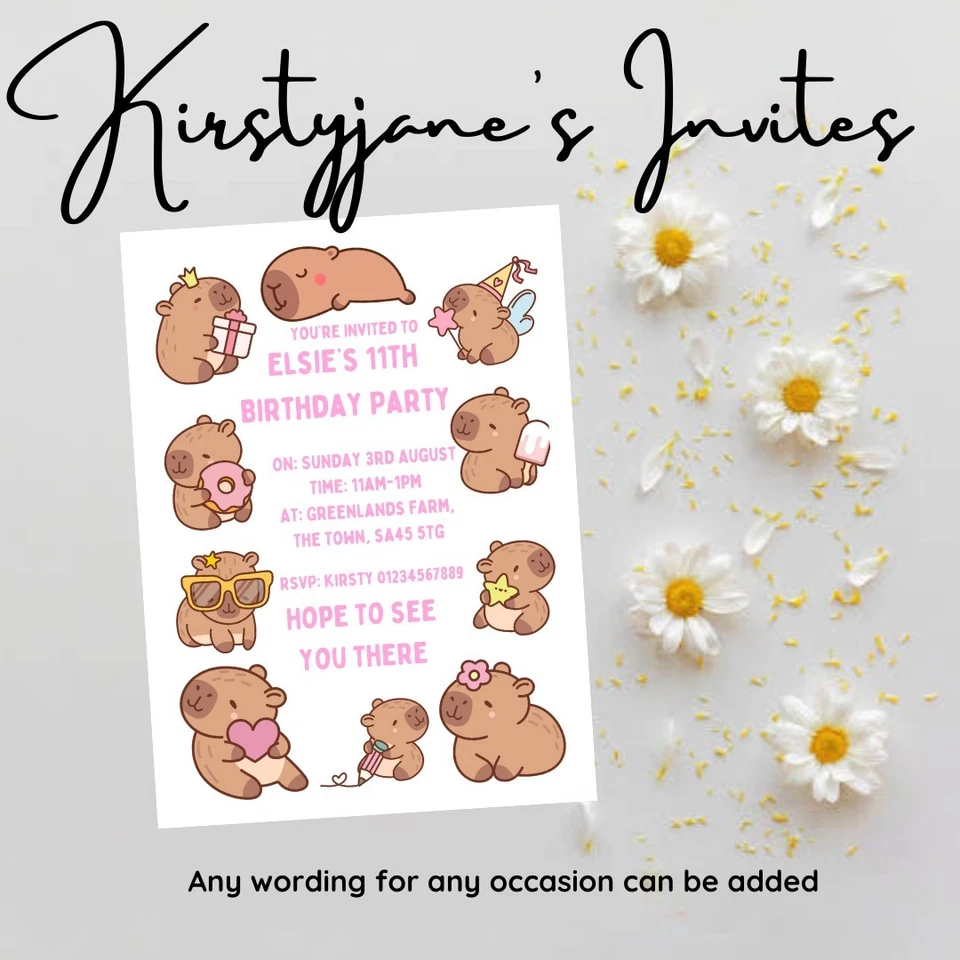 KIRSTYJANE'S INVITES Birthday party invitations invites Personalised Kids Girls Capybara Fairy Pink