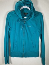 BEBE Womens L Embellished Full Zip Cropped Hoodie Teal Blue Fleece Ribbed Cuffs