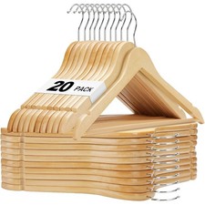 20 Pack Natural Solid Wood Clothes Hangers With Non-Slip Pant Bar