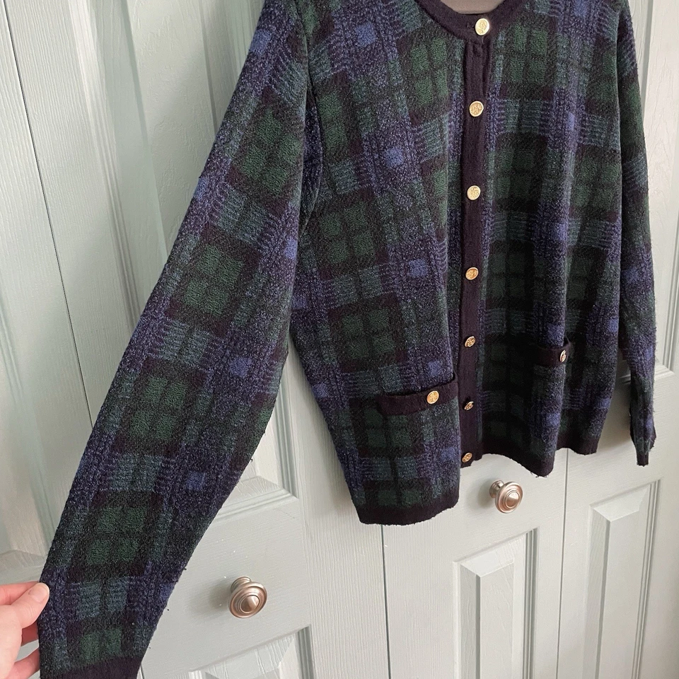 Vintage Talbots Wool Plaid Button Up Cardigan Large Blue Green Gold Buttons - Image 2 of 4