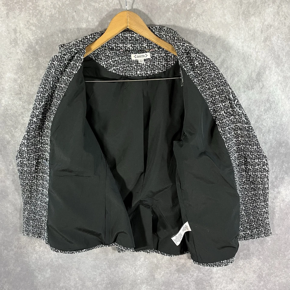 Blazer Nanette Lepore Tweed Doble Pecho Dorado Botón Negro Blanco Abrigo Mujer 12 Foto 2 de 4