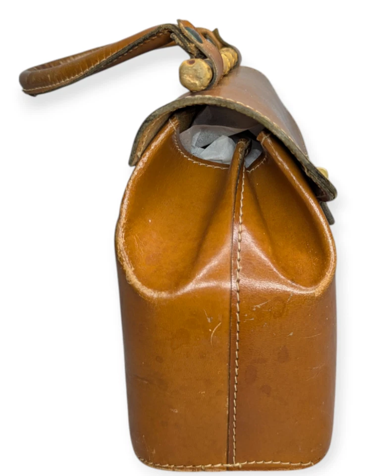 Bolso de Mano Vintage Mediados de Siglo Moderno Hecho en Italia Cuero Tostado con Acento de Bambú Foto 4 de 4