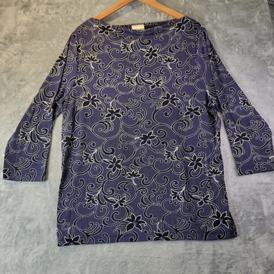 Tapemeasure Purple Scroll Print 3/4 Sleeve Top Womens M L Lightweight Knit