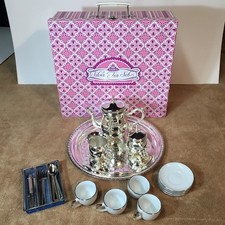 Schylling Children's Silver Tea Set, Cups, Plates, Silverware