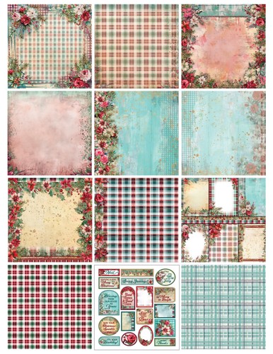 Christmas Flowers Plaids 12x12 Patterned Cardstock floral Holiday Scrapbooking - Picture 2 of 2